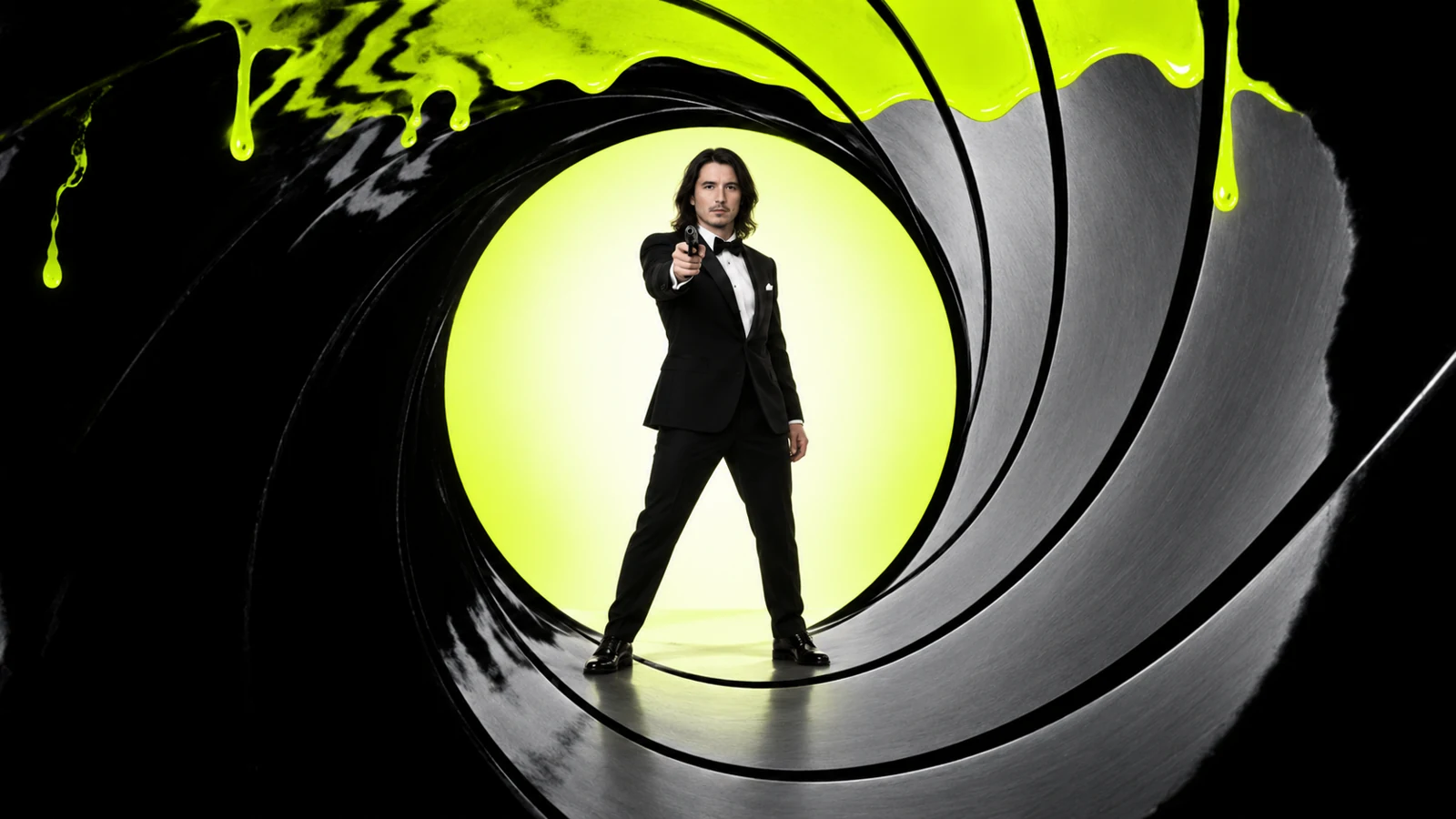 A tuxedoed agent framed by a neon-green gun barrel